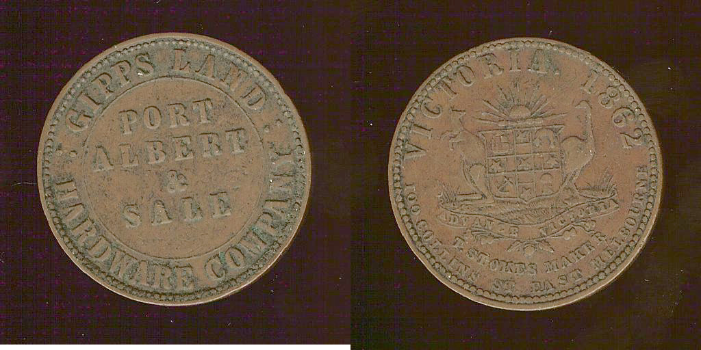 Australian token T Stokes Gipps Land penny 1862 gVF